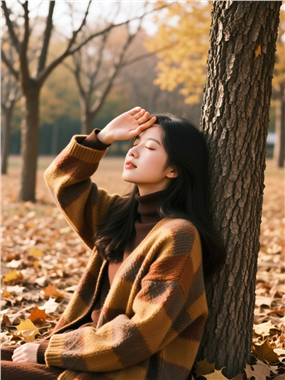 秋季树下慵懒风美女写真摄影图片